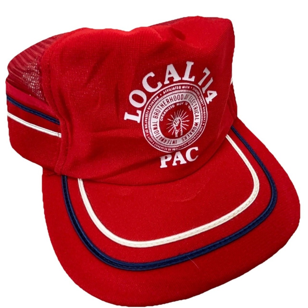 Vintage Trucker Hat Cap Snap Back Red White Blue Side Stripe USA 80s 90s‎ IBEW